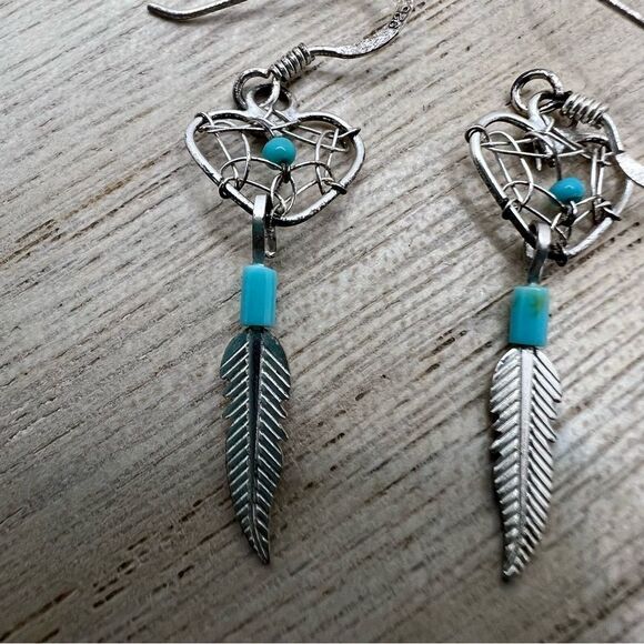 Sterling silver 925 Dreamcatcher heart feather turquoise drop dangle earrings - Picture 2 of 5